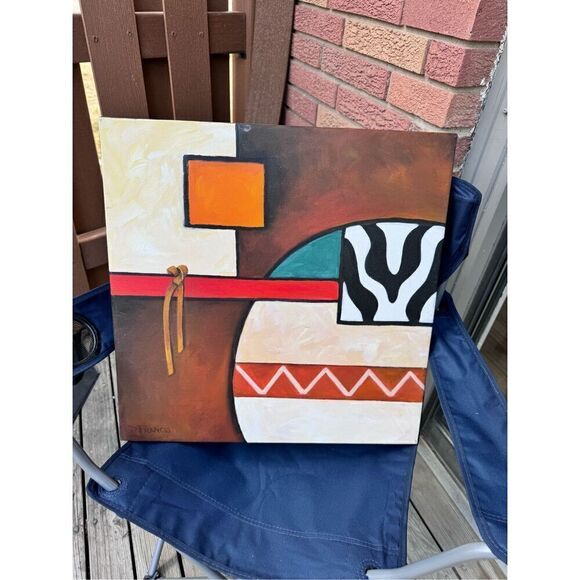 Abstract Geometric painting canvas western cow Leather 20 x 20  Donna Francis Wi - Picture 3 of 16